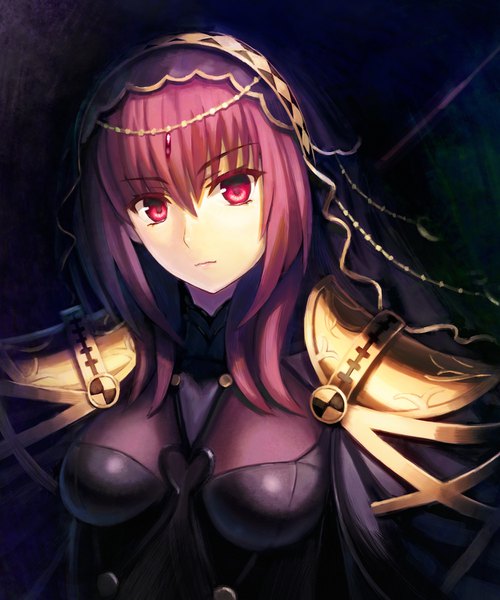 Anime picture 1250x1500 with fate (series) fate/grand order scathach (fate) (all) scathach (fate) kaina (tsubasakuronikuru) single long hair tall image looking at viewer breasts light erotic purple eyes purple hair dark background girl hair ornament