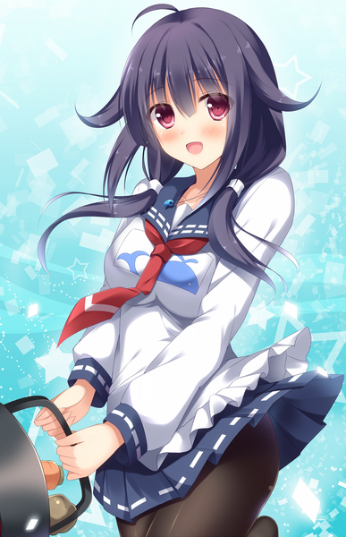 Anime picture 1023x1586 with kantai collection taigei light aircraft carrier tomoo (tomo) single long hair tall image looking at viewer blush open mouth twintails blue hair pink eyes low twintails girl dress pantyhose black pantyhose sailor suit