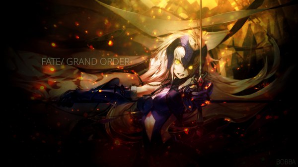 Anime picture 1920x1080 with fate (series) fate/grand order fate/stay night fate/apocrypha jeanne d'arc (fate) (all) jeanne d'arc alter (fate) jeanne d'arc alter (avenger) (third ascension) (fate) kodama (wa-ka-me) bobba single looking at viewer highres blonde hair wide image bare shoulders holding signed yellow eyes ahoge very long hair