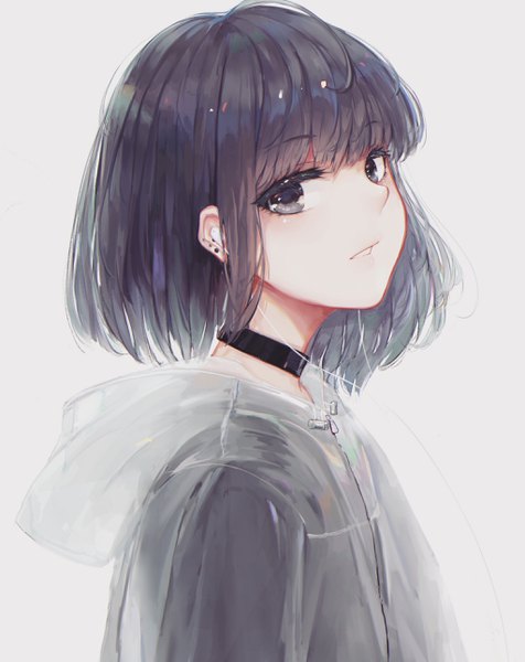 Anime picture 2048x2582 with original kisei2 single tall image looking at viewer fringe highres short hair black hair simple background upper body parted lips black eyes grey background piercing ear piercing girl choker headphones hood
