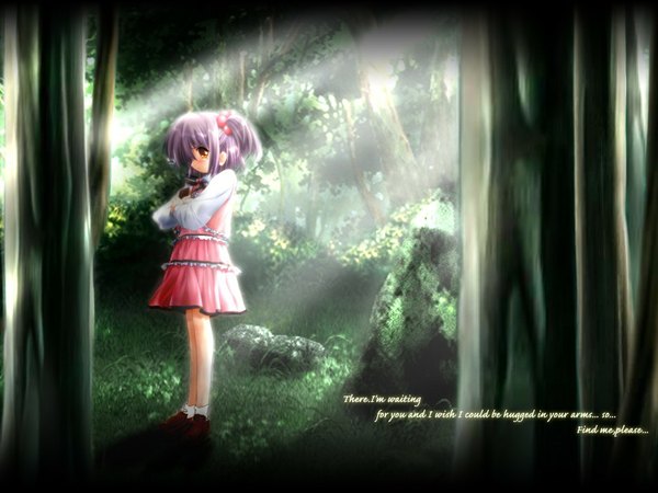 Anime picture 1024x768 with canvas (anime) misaki aya single fringe short hair standing yellow eyes looking away purple hair full body outdoors text english third-party edit girl skirt hair ornament plant (plants) tree (trees) forest