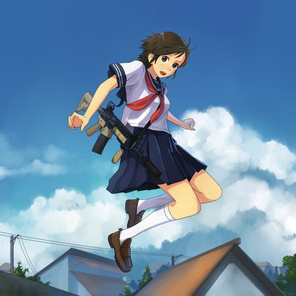 Anime picture 1300x1300 with original efmoe short hair blue eyes black hair cloud (clouds) girl weapon socks serafuku gun white socks sailor suit
