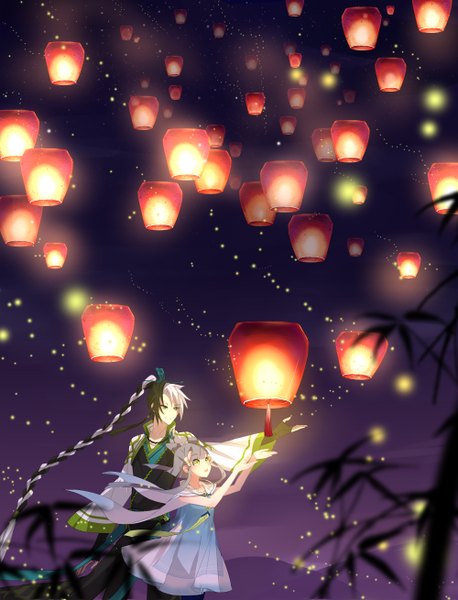 Anime picture 1000x1310 with vocaloid vocaloid china luo tianyi yuezheng longya 15ai long hair tall image blush open mouth smile green eyes yellow eyes looking away braid (braids) grey hair night alternate costume night sky alternate hairstyle girl