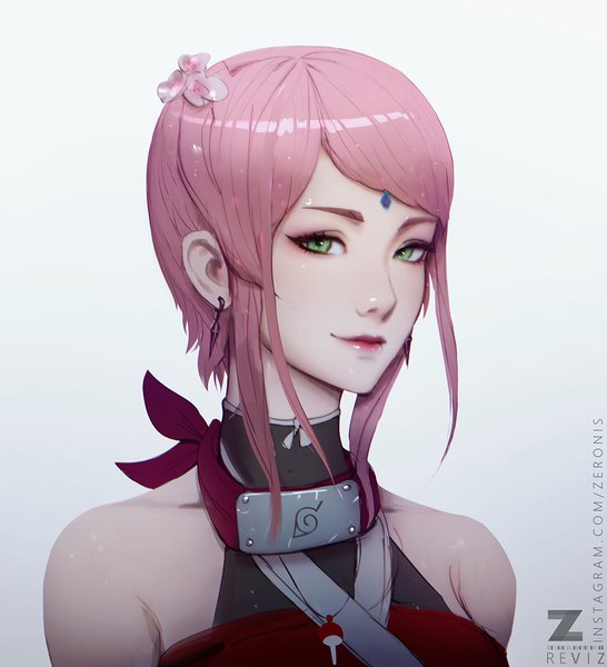 Anime picture 1047x1151 with naruto studio pierrot naruto (series) haruno sakura paul (shiramune) single tall image looking at viewer fringe short hair simple background smile bare shoulders green eyes signed payot pink hair realistic inscription grey background