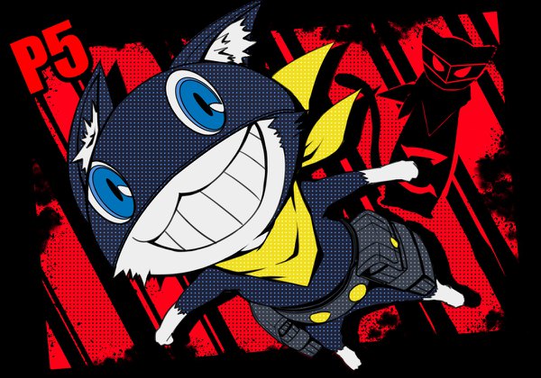 Anime picture 1200x840 with persona 5 persona morgana (persona 5) motoki rinn single blue eyes smile full body black background no people red background animal cat neckerchief fanny pack