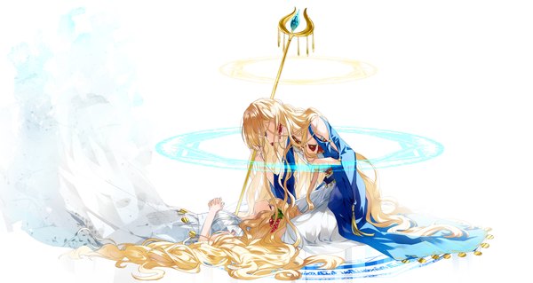 Anime picture 1800x958 with magi the labyrinth of magic a-1 pictures scheherazade (magi) titus alexius g.g.lemon fringe highres blue eyes blonde hair wide image sitting lying eyes closed very long hair on back leaning leaning forward magic wavy hair girl