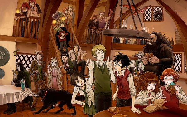 Anime picture 1920x1200 with harry potter hermione granger severus snape harry potter (character) sirius black draco malfoy remus lupin ron weasley luna lovegood fred weasley george weasley lucius malfoy narcissa malfoy pansy parkinson rubeus hagrid long hair highres short hair open mouth blue eyes