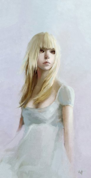 Anime picture 624x1209 with original viet-famwang single long hair tall image fringe simple background blonde hair brown eyes signed looking away girl dress white dress