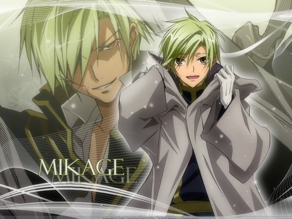 Anime picture 1600x1200 with 07-ghost studio deen mikage fringe short hair smile brown eyes green hair hair over one eye scar dual persona boy gloves cloak