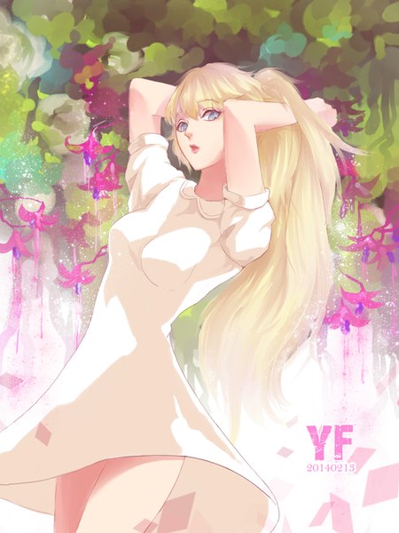 Anime picture 1500x2000 with original yf (artist) single long hair tall image looking at viewer fringe breasts open mouth blue eyes blonde hair standing ponytail sunlight short sleeves arms behind head girl dress flower (flowers) white dress