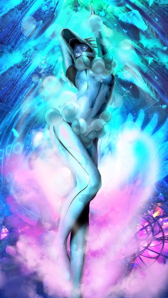 Anime picture 1237x2182 with persona persona 2 venus (persona 2) nyarko single tall image light erotic arms up fog abstract blue skin blank eyes girl bodysuit helmet