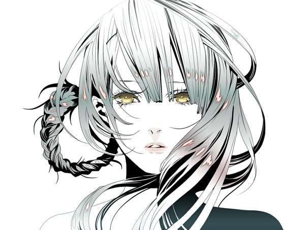 Anime picture 1000x755 with nier kaine (nier) npn long hair looking at viewer fringe simple background white background bare shoulders yellow eyes silver hair braid (braids) parted lips lips single braid close-up side braid face pale skin girl