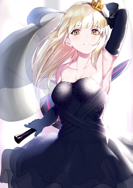 Anime picture 2508x3541 with fate (series) fate/grand order artoria pendragon (all) saber alter takubon single long hair tall image looking at viewer blush fringe highres breasts blonde hair simple background standing white background holding yellow eyes cleavage