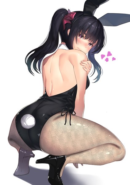 Anime picture 1276x1805 with original kagematsuri single long hair tall image blush fringe light erotic black hair simple background white background bare shoulders animal ears ponytail looking back from behind black eyes high heels bunny ears embarrassed