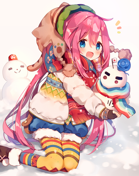 Anime picture 692x875 with yurucamp kagamihara nadeshiko ana (rznuscrf) single tall image looking at viewer blush fringe open mouth blue eyes hair between eyes sitting pink hair ahoge very long hair :d fur trim snowing winter snow