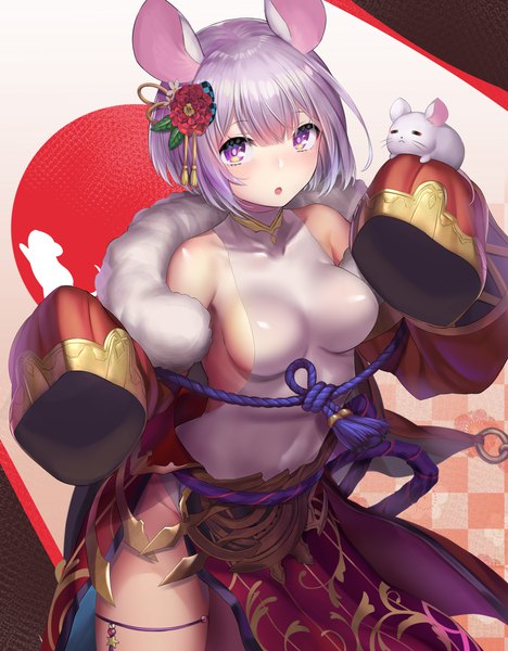 Anime picture 2969x3810 with original mizuya nao single tall image looking at viewer blush fringe highres short hair breasts open mouth light erotic large breasts standing purple eyes bare shoulders animal ears silver hair blunt bangs long sleeves