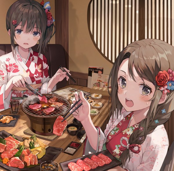 Anime picture 1224x1200 with original huwari (dnwls3010) long hair looking at viewer blush short hair open mouth brown hair sitting multiple girls indoors braid (braids) traditional clothes japanese clothes hair flower grey eyes single braid side ponytail sweatdrop cooking