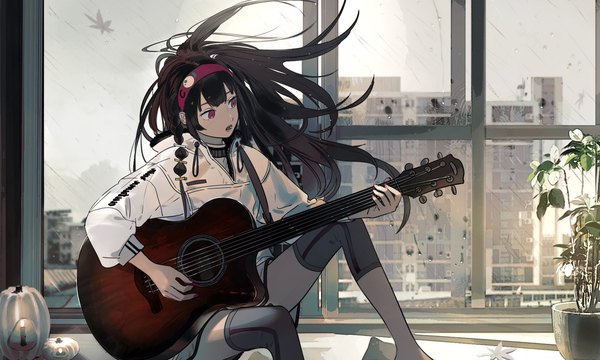 Anime picture 2000x1200 with original kukka single long hair fringe highres open mouth brown hair wide image sitting purple eyes holding looking away bent knee (knees) indoors blunt bangs wind city rain playing instrument