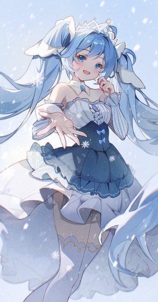 Anime picture 2303x4406 with vocaloid hatsune miku yuki miku yuki miku (2019) cloudyman single long hair tall image looking at viewer blush fringe highres open mouth smile standing twintails bare shoulders ahoge long sleeves :d