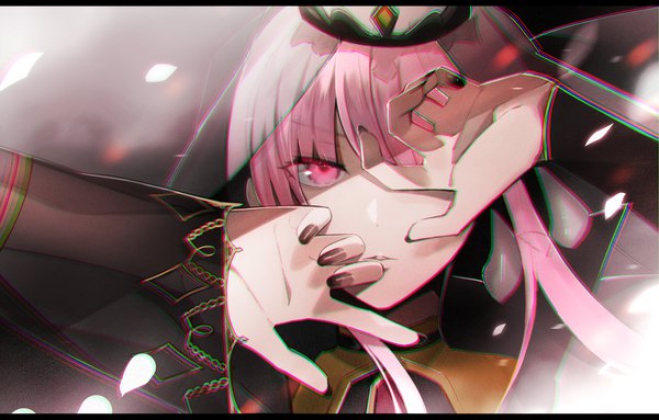 Anime picture 3541x2263 with virtual youtuber hololive hololive english mori calliope mori calliope (1st costume) uehara (dormmmmir ) single long hair looking at viewer fringe highres pink hair absurdres upper body nail polish pink eyes covering black nail polish covering face girl