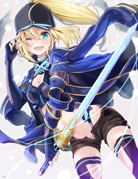 Anime picture 1542x2000 with fate (series) fate/grand order artoria pendragon (all) mysterious heroine x (fate) fuku kitsune (fuku fox) single long hair tall image looking at viewer blush fringe breasts open mouth light erotic blonde hair simple background smile hair between eyes standing holding