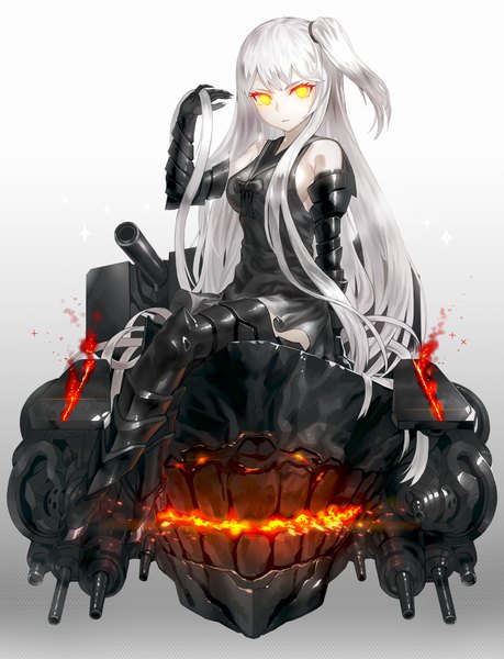 Anime picture 898x1174 with kantai collection aircraft carrier hime kfr single long hair tall image looking at viewer sitting yellow eyes white hair one side up shinkaisei-kan girl gloves weapon elbow gloves armor thigh boots