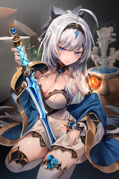 Anime picture 3000x4500 with original zerocat single long hair tall image blush fringe highres breasts blue eyes light erotic smile large breasts sitting bare shoulders holding looking away silver hair ahoge blunt bangs