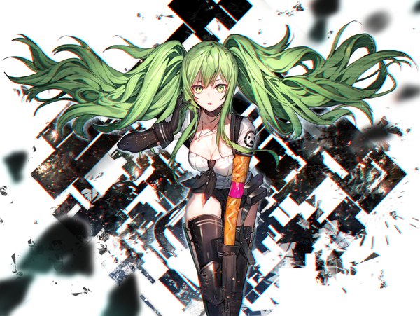 Anime picture 1053x792 with girls frontline m950a (girls frontline) hanagata single long hair looking at viewer fringe breasts open mouth hair between eyes large breasts white background twintails green eyes payot cleavage long sleeves green hair wind blurry