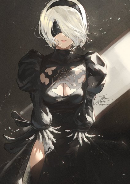Anime picture 1061x1500 with nier nier:automata yorha no. 2 type b fadingz single tall image fringe short hair breasts simple background standing signed cleavage white hair hair over one eye mole puffy sleeves light cleavage cutout mole under mouth