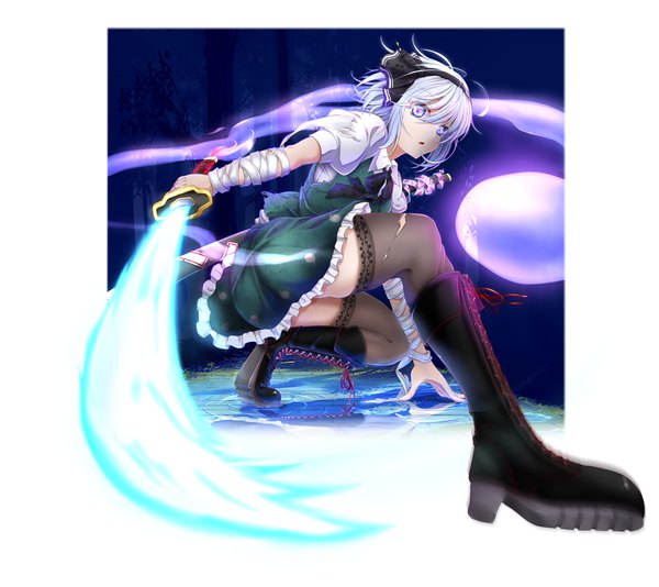 Anime picture 2002x1782 with touhou konpaku youmu myon evandragon single looking at viewer fringe highres short hair open mouth blue eyes hair between eyes holding full body bent knee (knees) white hair looking back night arm support puffy sleeves