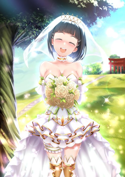 Anime picture 1102x1559 with sword art online a-1 pictures kirigaya suguha rara086 single tall image blush fringe short hair breasts open mouth light erotic black hair smile large breasts standing bare shoulders holding sky cleavage