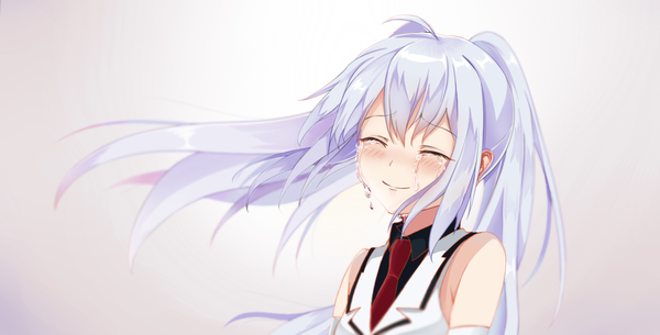 Anime picture 1280x651 with plastic memories isla (plastic memories) puririn single long hair blush fringe simple background wide image twintails bare shoulders payot silver hair upper body ahoge eyes closed head tilt light smile wind wallpaper