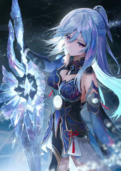 Anime picture 1500x2122 with honkai: star rail honkai (series) jingliu (honkai: star rail) pi (p77777778) single long hair tall image fringe breasts hair between eyes red eyes large breasts standing bare shoulders holding silver hair ponytail dark background girl gloves