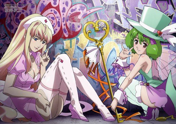 Anime picture 5797x4083 with macross macross frontier megami magazine sheryl nome ranka lee itou mariko highres blue eyes light erotic blonde hair red eyes multiple girls absurdres green hair official art squat cosplay nurse girl thighhighs