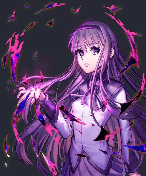 Anime picture 3307x4000 with mahou shoujo madoka magica shaft (studio) akemi homura hyoin single long hair tall image fringe highres simple background hair between eyes standing purple eyes looking away absurdres purple hair upper body pleated skirt arm up floating hair