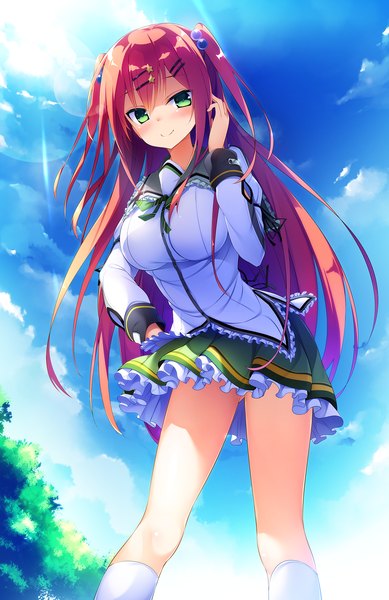 Anime picture 1280x1975 with hanikami clover studio ryokucha saeki rio anapom single long hair tall image looking at viewer blush fringe breasts light erotic smile large breasts standing twintails green eyes game cg sky cloud (clouds)