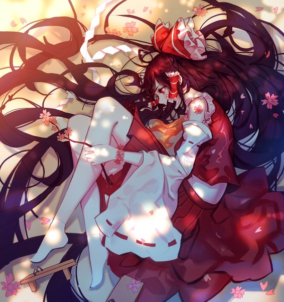 Anime picture 1400x1485 with touhou hakurei reimu mconch single tall image black hair red eyes bare shoulders lying braid (braids) very long hair traditional clothes japanese clothes profile cherry blossoms miko embryo's pose girl skirt flower (flowers)
