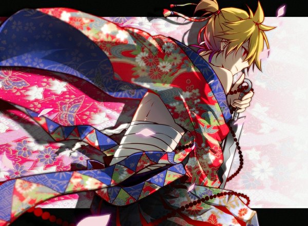 Anime picture 1024x753 with vocaloid kagamine len fukkin (hukkyunzzz) single short hair blonde hair red eyes profile boy ribbon (ribbons) weapon hair ribbon petals bandage (bandages) beads