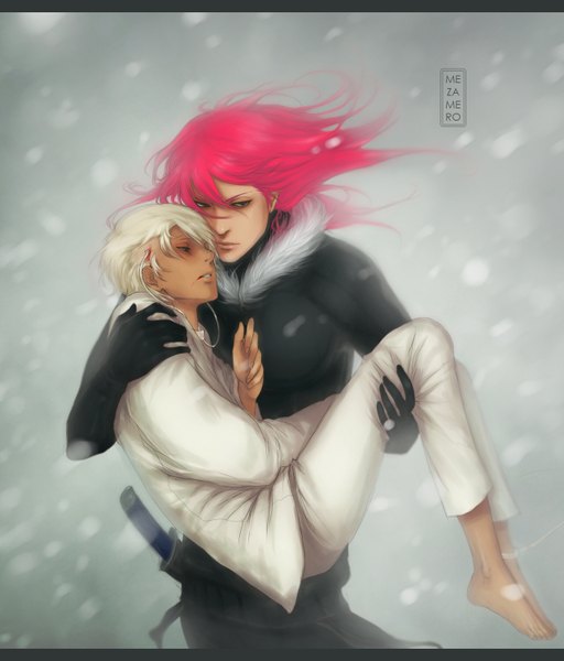 Anime picture 1281x1500 with mezamero long hair tall image short hair open mouth holding brown eyes green eyes pink hair white hair barefoot wind inscription multiple boys snowing letterboxed winter snow boy gloves