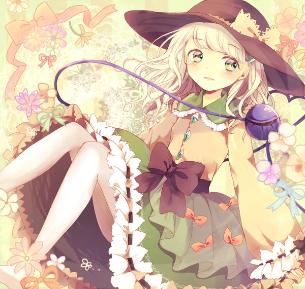 Anime picture 2000x1900 with touhou komeiji koishi senju (uroakono) single long hair blush fringe highres sitting green eyes looking away bent knee (knees) white hair parted lips adapted costume heart of string girl bow hat pantyhose