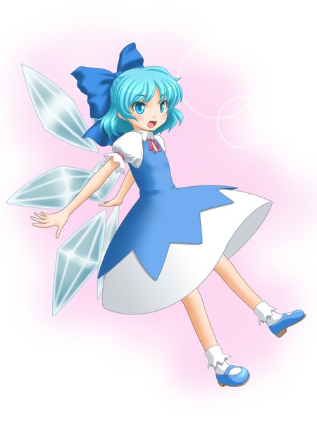Anime picture 1200x1600 with touhou cirno t2r (artist) single tall image blush short hair open mouth blue eyes blue hair girl dress bow hair bow wings