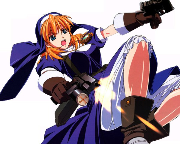 Anime picture 1280x1024 with chrono crusade gonzo rosette christopher single long hair fringe breasts open mouth blue eyes simple background white background holding bent knee (knees) orange hair nun screaming girl gloves weapon gun