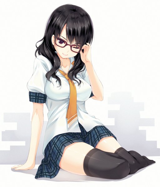Anime picture 850x994 with original senji (tegone spike) single long hair tall image breasts black hair smile large breasts sitting purple eyes bent knee (knees) eyes closed one eye closed wink no shoes plaid skirt girl thighhighs skirt
