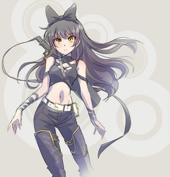 Anime picture 1800x1874 with rwby rooster teeth blake belladonna iesupa single long hair tall image looking at viewer highres black hair simple background yellow eyes grey background girl navel bow ribbon (ribbons) hair bow pants crop top