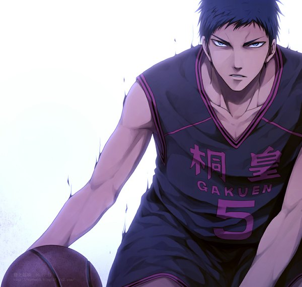Anime picture 1050x1000 with kuroko no basket production i.g aomine daiki kuehsy single looking at viewer short hair blue eyes simple background white background blue hair muscle serious clothes writing boy uniform gym uniform ball basketball ball basketball uniform