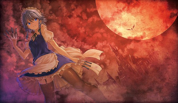 Anime picture 1125x656 with touhou remilia scarlet izayoi sakuya ibuki notsu long hair blue eyes wide image multiple girls sky silver hair cloud (clouds) braid (braids) maid twin braids flying silhouette vampire fog red moon red sky
