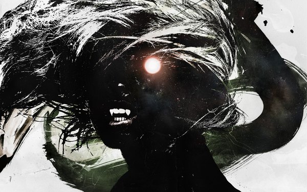 Anime-Bild 1920x1200 mit original vhm-alex single long hair highres simple background wide image white background white hair teeth fang (fangs) glowing monochrome glowing eye (eyes)