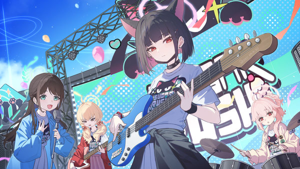 Anime picture 4992x2808 with blue archive kazusa (blue archive) natsu (blue archive) yoshimi (blue archive) airi (blue archive) kazusa (band) (blue archive) natsu (band) (blue archive) airi (band) (blue archive) yoshimi (band) (blue archive) chiyo akira long hair highres short hair open mouth black hair blonde hair red eyes wide image twintails multiple girls