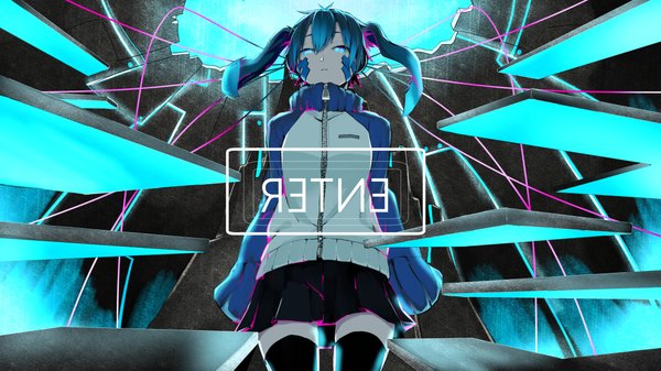 Anime picture 2177x1225 with kagerou project shaft (studio) jinzou enemy (vocaloid) ene (kagerou project) greatpengh single looking at viewer highres short hair wide image twintails long sleeves pleated skirt aqua eyes aqua hair inscription from below wallpaper short twintails girl