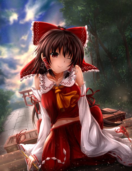 Anime picture 1120x1440 with touhou hakurei reimu husky (artist) single long hair tall image smile red eyes brown hair cloud (clouds) one eye closed wink miko girl bow hair bow detached sleeves